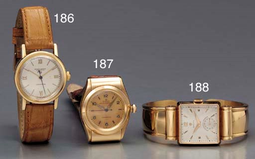 Rolex. A rare 18K pink gold square-shaped wristwatch with hooded lugs and retractable bracelet