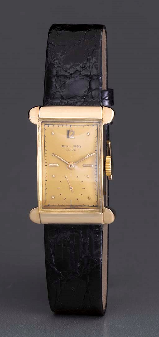 Patek Philippe. A fine and rare 18K pink gold rectangular-shaped wristwatch