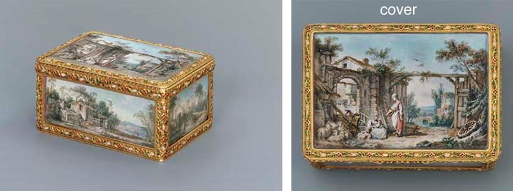 A FINE LOUIS XVI ENAMELLED GOLD SNUFF-BOX SET WITH MINIATURES