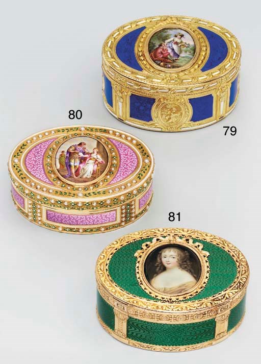 A LOUIS XV ENAMELLED TWO-COLOUR GOLD SNUFF-BOX SET WITH AN ENAMEL MINIATURE