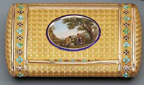 A SWISS PARCEL-ENAMELLED AND STONE-SET GOLD SNUFF-BOX SET WITH AN ITALIAN MICROMOSAIC