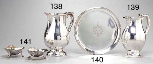 A PAIR OF GEORGE II SILVER SALTS AND A CREAM JUG