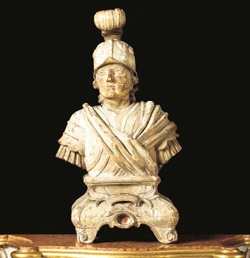 A FRENCH GREY-PAINTED CARVED WOOD BUST OF A SOLDIER,