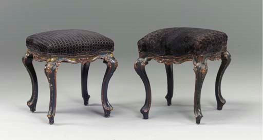 A NEAR PAIR OF ITALIAN ROCOCO STYLE POLYCHROME PAINTED STOOLS,