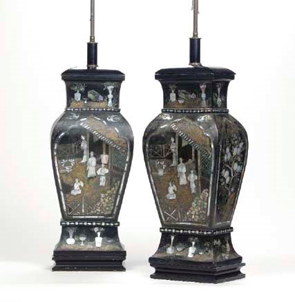 A PAIR OF CHINESE MOTHER-OF-PEARL INLAID VASES MOUNTED AS LAMPS,