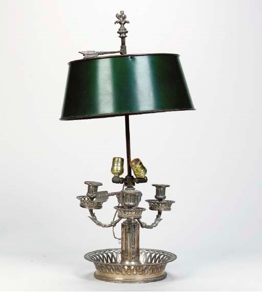A LOUIS XVI STYLE WHITE METAL THREE-LIGHT BUILLOTTE LAMP,
