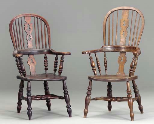 A MATCHED SET OF SIX YEW AND ELM WINDSOR ARMCHAIRS,