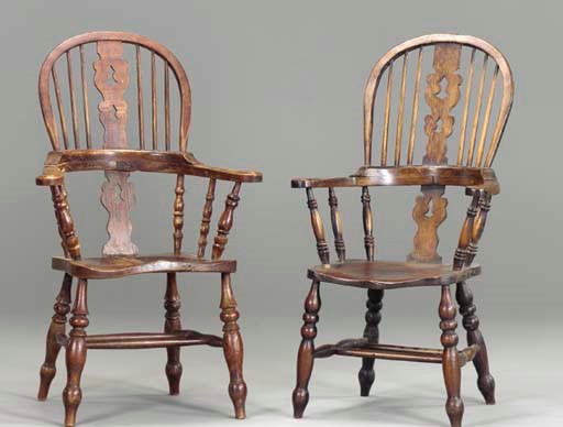A MATCHED SET OF SIX YEW AND ELM WINDSOR ARMCHAIRS,