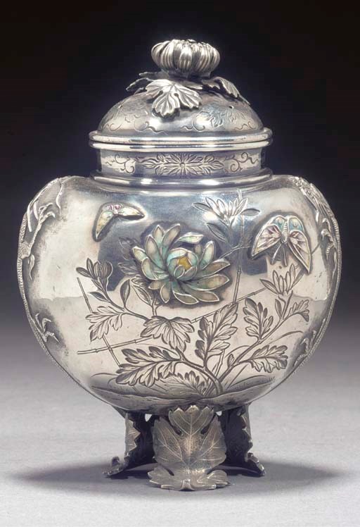 A silver and enamel koro and cover
Meiji Period