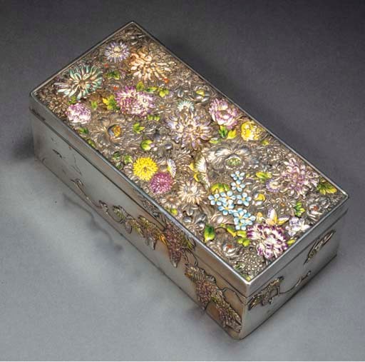 A silver and enamel rectangular box and hinged cover
Meiji Period
