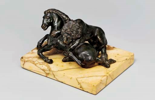 A BRONZE GROUP OF A LION ATTACKING A HORSE