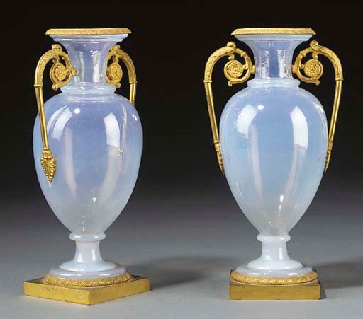 A PAIR OF RESTAURATION ORMOLU-MOUNTED OPALINE GLASS VASES