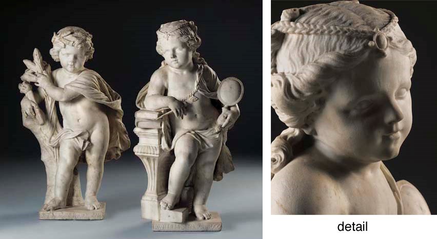 A PAIR OF CARVED MARBLE ALLEGORICAL FIGURES REPRESENTING ABUNDANCE AND PRUDENCE