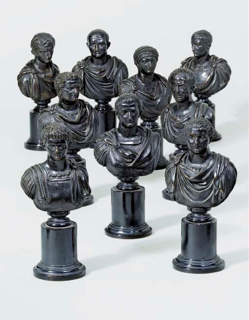 A SET OF NINE BRONZE BUSTS OF ROMAN EMPERORS