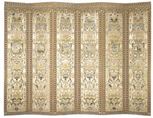 AN ITALIAN SILK-STITCHED SIX-LEAF SCREEN