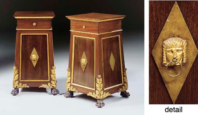 A PAIR OF EMPIRE PARCEL-GILT MAHOGANY AND AMARANTH PEDESTAL CABINETS