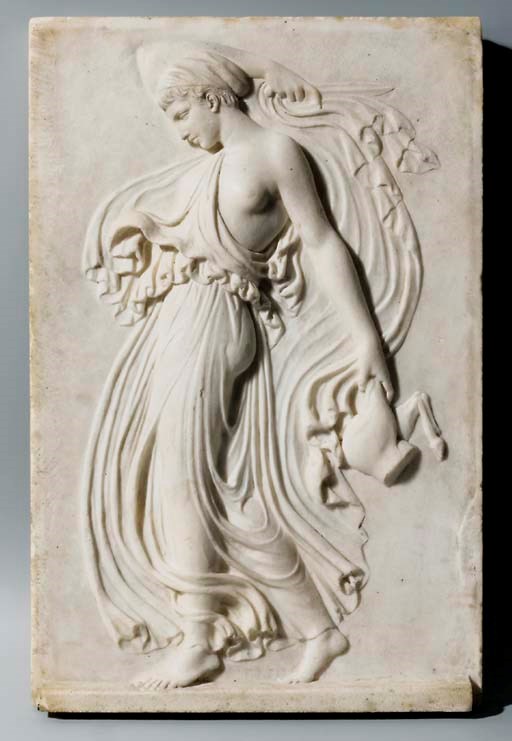 A CARVED MARBLE RECTANGULAR BAS-RELIEF DEPICTING A MAENAD