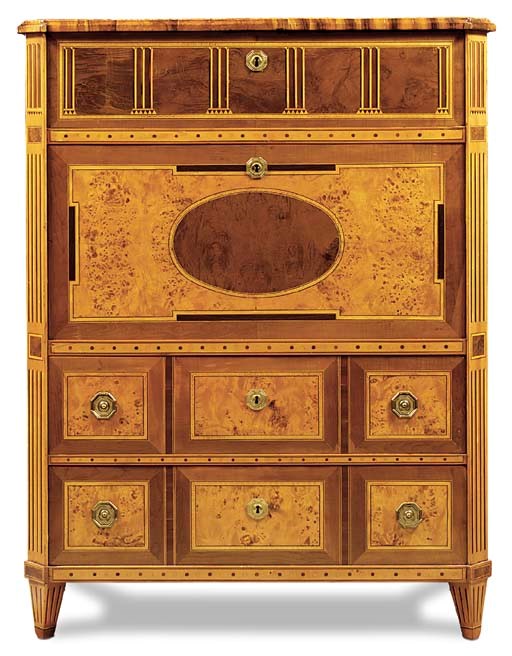 A SWISS MAPLE, SYCAMORE, WALNUT AND FRUITWOOD SECRETAIRE A ABATTANT