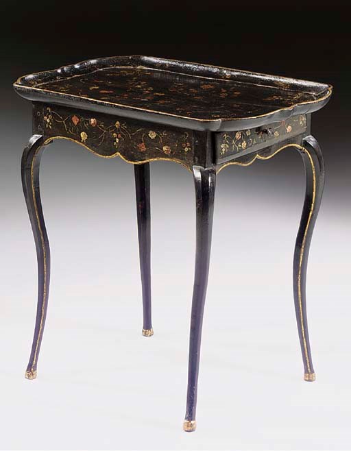 A LOUIS XV BLACK POLYCHROME-DECORATED AND PARCEL-GILT TABLE EN CABRIOLET