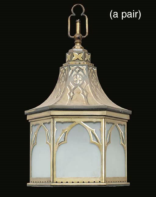 A pair of painted sheet metal hexagonal hall lanterns