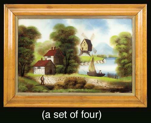 A set of four Dutch reverse paintings under glass