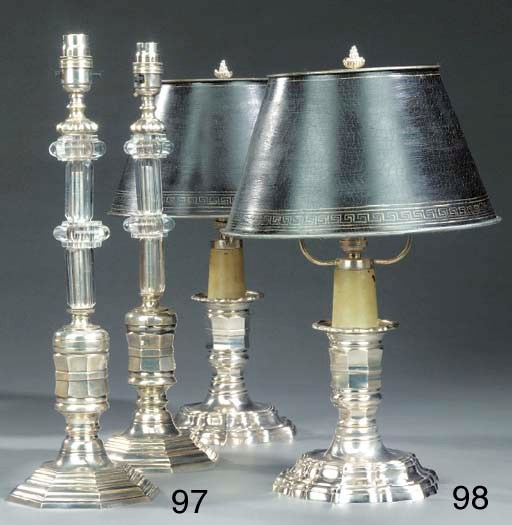 A pair of silvered metal table lamps