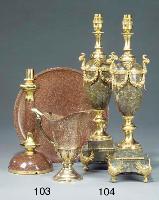 A brass mounted Swedish porphry ewer and platter