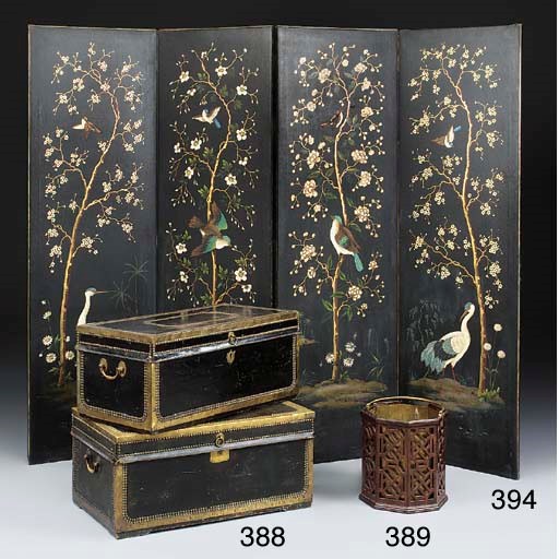 TWO CHINESE-EXPORT BRASS-MOUNTED BLACK LEATHER TRUNKS