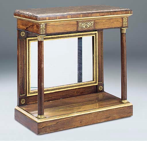 A rosewood and brass inlaid marble top console table