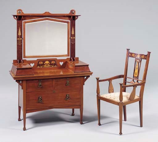 AN INLAID MAHOGANY DRESSING TABLE, MIRROR AND ARMCHAIR