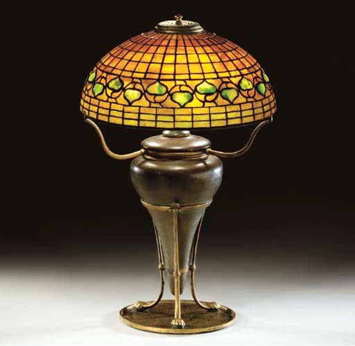 A DICHROIC 'VINE BORDER' LEADED GLASS AND BRONZE TABLE LAMP