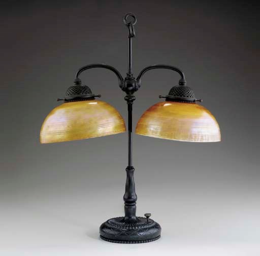 A FAVRILE GLASS AND BRONZE DOUBLE STUDENT LAMP