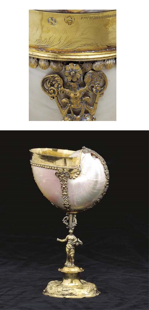 A German silver-gilt mounted nautilus cup