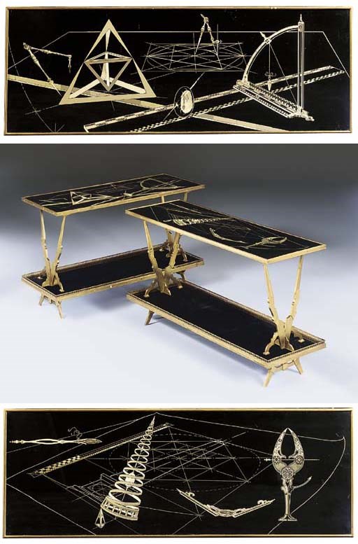 A PAIR OF FRENCH BRASS-MOUNTED BLACK, GREY AND WHITE-PAINTED SCAGLIOLA-INSET PERSPEX TWO-TIER OCCASIONAL TABLES