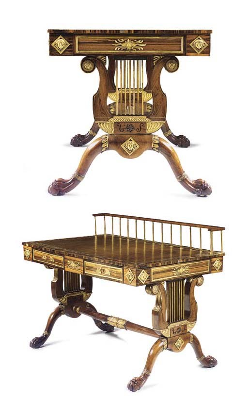 A REGENCY BRASS-INLAID AND ORMOLU-MOUNTED CALAMANDER, ROSEWOOD AND PARCEL-GILT WRITING-TABLE