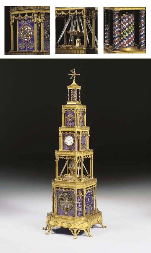 A magnificent George III ormolu, enamel and paste gem-set musical automaton and quarter-striking tower clock, made for the Chinese market