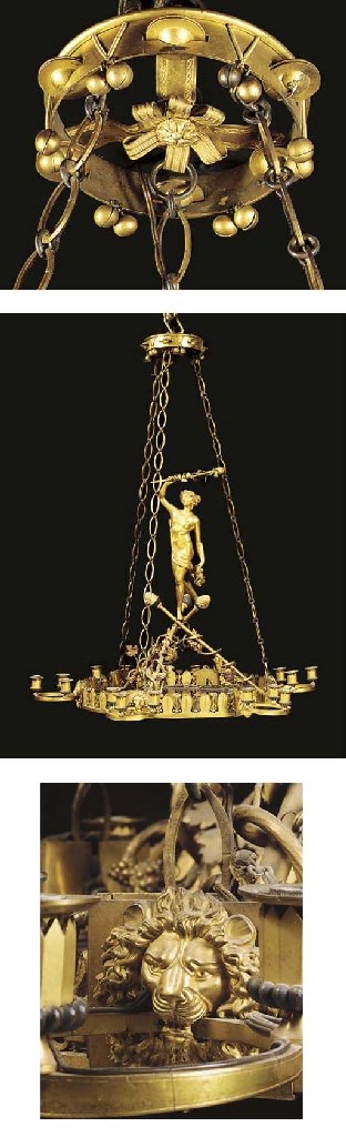 AN EMPIRE ORMOLU, BRONZE AND COBALT-BLUE GLASS EIGHTEEN-LIGHT CHANDELIER