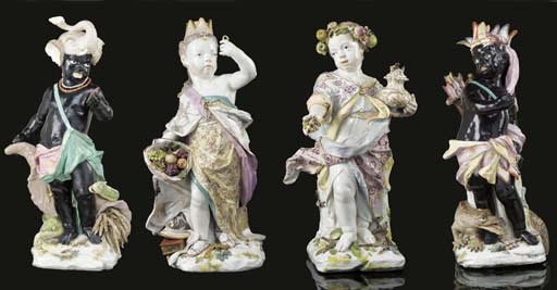 'THE FOUR QUARTERS OF THE GLOBE': FOUR MASSIVE CHELSEA PORCELAIN FIGURES EMBLEMATIC OF EUROPE, AMERICA, AFRICA AND ASIA