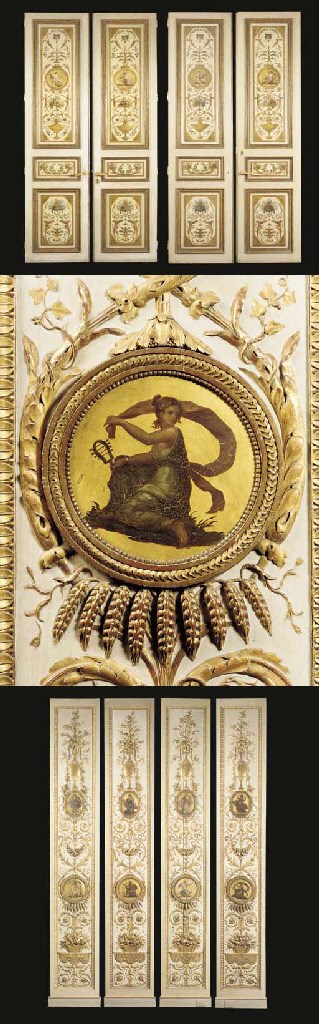 A SET OF LOUIS XVI POLYCHROME AND GREY-PAINTED AND PARCEL-GILT BOISERIES