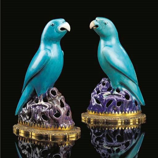 A PAIR OF FRENCH ORMOLU-MOUNTED CHINESE TURQUOISE-GLAZED PORCELAIN PARROTS