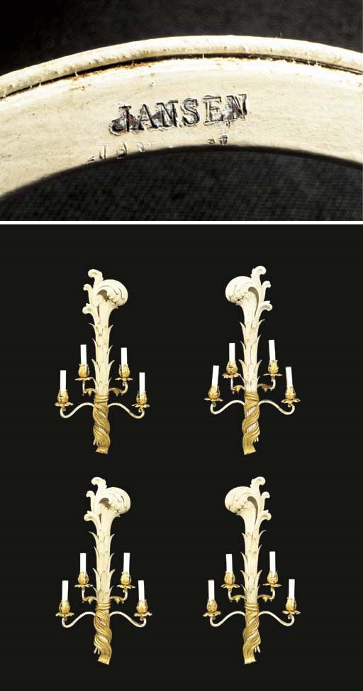 A SET OF FOUR FRENCH TOLE PEINTE AND PARCEL-GILT FOUR-BRANCH WALL-LIGHTS