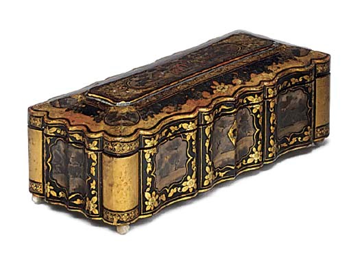 A CHINESE EXPORT BLACK AND GOLD LACQUER GAMING BOX