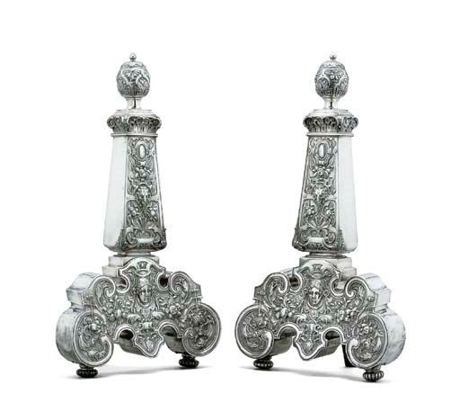 A pair of Continental silver andirons