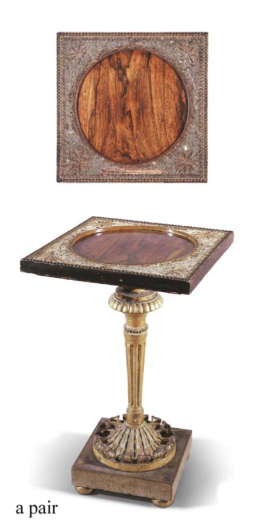 A PAIR OF LATE GEORGE III ROSEWOOD, GILTWOOD AND PAPER-SCROLL DECORATED OCCASIONAL TABLES