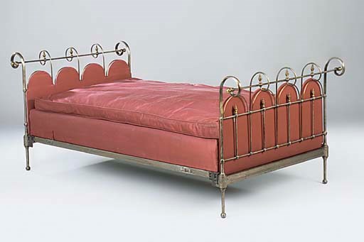 A FRENCH LACQUERED-STEEL AND BRASS SINGLE BED