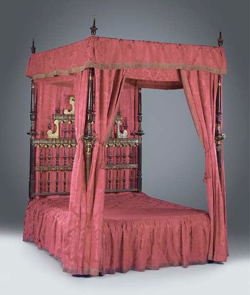 AN IBERIAN PALISANDER BRASS AND GILT-METAL MOUNTED 'HERRERRAN' FOUR-POSTER BED