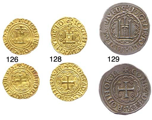 Ducato, 3.476g., .IO:G3:M:DVX:M:VI:AC:I:D., castello con biscione sopra in otto archi, rov. +.CONRAD:REX.ROMNOR.FS., l'ultimo S sopra F, croce in otto archi (B.958; cf.CNI.163,4; F.394; Lun.136; MIR.132/1), SPL, rara
