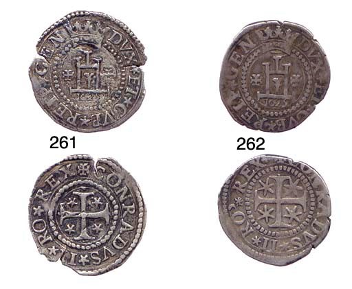 Ottavo di Scudo, 1625, 4.288g., DVX* ET* GVB* REIP* GEN, castello con corona che taglia il cerchio in alto, tra due croce, sotto data, in cerchio perlinato, rov. +CONRADVS* II* RO* REX, croce con quattro stelle a cinque punte in angoli (CNI.333,16; Lun.240; M.-; MIR.-), fenditura da conio sul bordo, sgraffi e sedimenti, MB
