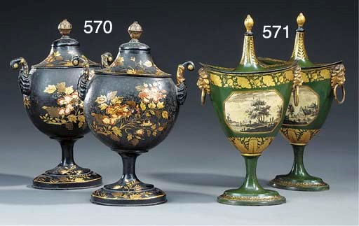 A pair of Dutch parcel gilt japanned pewter chestnut urns