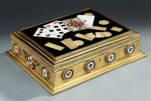 An Italian pietre dure inset and gilt bronze mounted games box